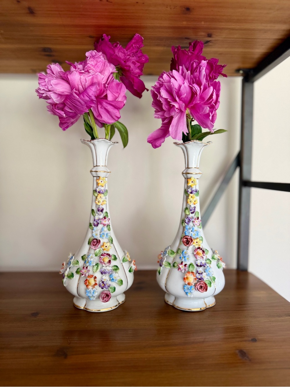 2 Vintage Ornate 3D Floral Ardalt Lenwile China Bud Vases made in Japan